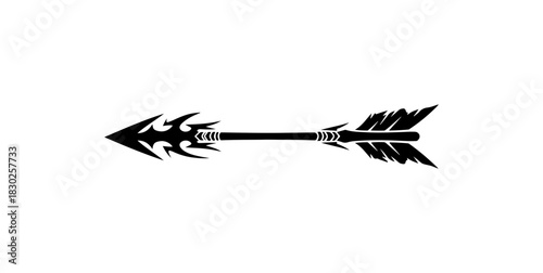 Tribal arrow design for tattoo, logo, or graphic element, pointing left with feather fletching