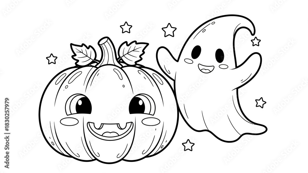 Obraz premium A cute cartoon illustration of a smiling pumpkin and a friendly ghost surrounded by stars, designed as a coloring page.