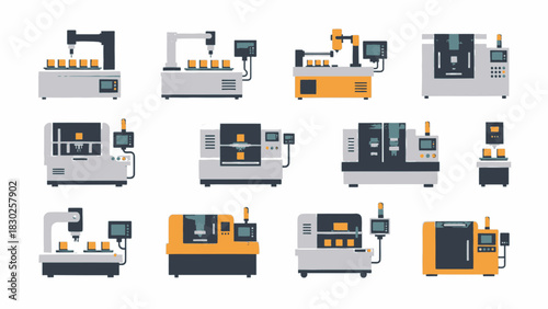 A collection of various automated industrial machines for factory production lines, shown as vector illustrations.