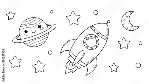 A black and white illustration of a cartoon rocket ship, planet with a face, stars, and a crescent moon in a space scene.