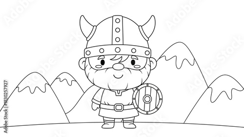 Line art illustration of a cartoon Viking with horned helmet, shield, and beard, standing in front of mountains.