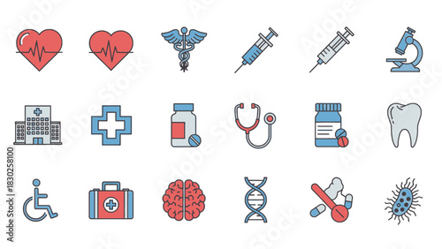 Medical icons set: heart, caduceus, syringe, microscope, hospital, cross, pills, stethoscope, tooth, wheelchair, first aid kit, brain, DNA, medicine, bacteria.