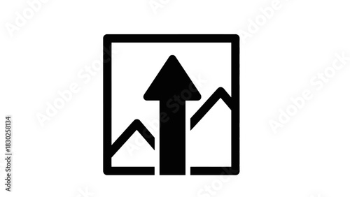 Black icon depicting an upward arrow within a square frame, flanked by two triangular shapes, symbolizing upload or growth.