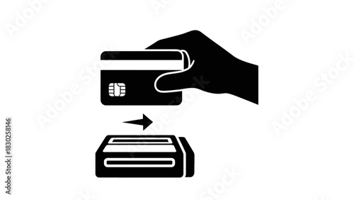 Illustration of a hand inserting a credit card into a card reader, indicating payment or transaction.