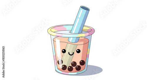 Cute 2D illustration of a bubble tea cup with smiling face, pastel colors, rounded shapes, soft shadows, isolated on a pure white background