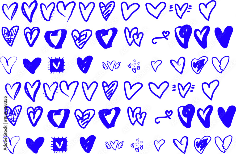 Fototapeta premium A playful collection of hand-drawn blue heart doodles in various shapes and styles on a clean white background, perfect for decorations, stickers, branding, and digital design. 