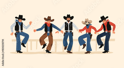 Five cheerful cowboys in traditional Western attire, featuring hats, vests, and boots, are line dancing or square dancing.