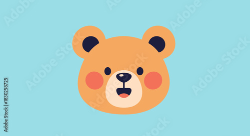 Adorable cartoon bear head illustration with an open mouth and rosy cheeks on a pastel blue background, depicting a joyful and playful character.