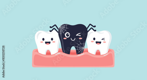A fun cartoon illustration showing a spooky black spiderweb tooth with happy white teeth on either side, representing dental health and decay comparison.