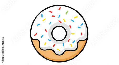 A cheerful cartoon donut with white icing and colorful sprinkles, ready to bring joy and sweetness to any design.