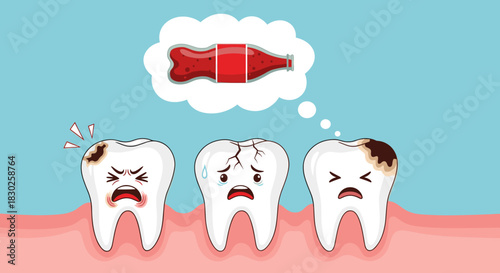 An illustration of cartoon teeth experiencing pain and damage from consuming soda, highlighting dental health issues caused by sugary drinks.