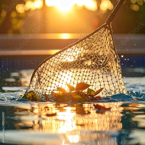 Pool net scoops debris at sunset