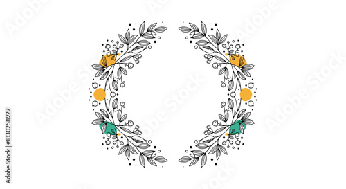 Elegant and simple botanical wreath design featuring outlined branches, berries, and modern color accents, ideal for decorative borders.