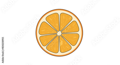 A graphic depiction of a fresh orange slice, highlighting its vibrant color and segmented fruit structure, isolated against a minimalist white background.