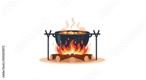 A black pot full of hot food is cooking over a blazing campfire outdoors, supported by a metal stand, with steam rising.