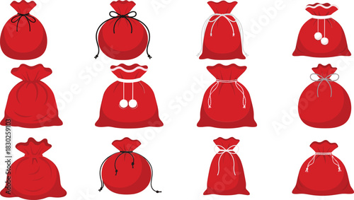 Vector Set of Red Christmas Santa Sacks and Gift Bags, Featuring Various Drawstring Designs for Holiday Decoration.