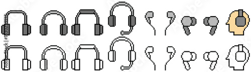 Set Pixel Headphone Headset Icon Vector Ideal for gaming, audio, music, and communication graphics in a retro 8-bit style. Symbolizes sound, listening, and personal media.