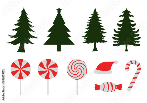 Set of christmas ornaments illustration. Pine trees, lollipop, candy cane, and santa hat.