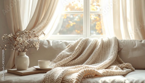 Knit blanket draped on sofa by winter window
