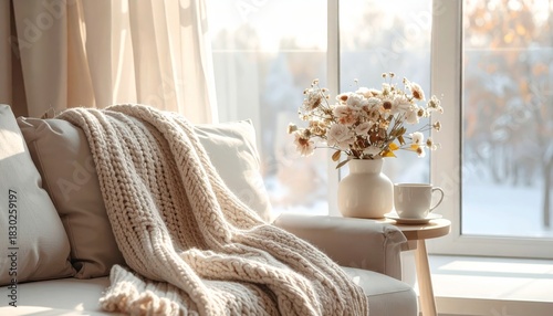 Knit blanket draped on sofa by winter window