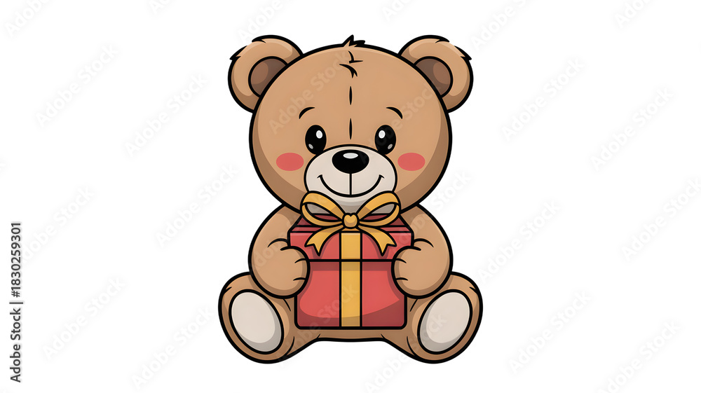 Naklejka premium Adorable cartoon teddy bear holding a gift with ribbon, perfect for birthday wishes and cute greetings, capturing the joy of giving and celebration