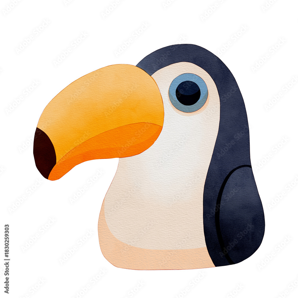 Obraz premium A Cute Watercolor Animal Face Clipart, Colorful toucan illustration featuring a large beak and expressive eyes.