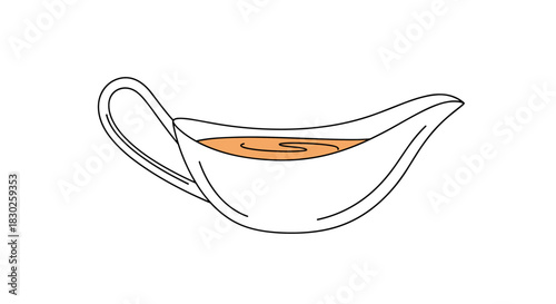 Classic white gravy boat with a handle and pouring spout, filled with golden-brown gravy, presented as a minimalist line art illustration.