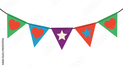 A colorful string of decorative party flags, featuring heart and star designs in various hues, hanging against a clean white background.