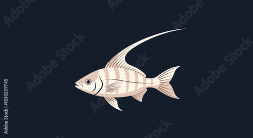 A stylized illustration of a striped fish with a long, elegant dorsal fin swimming in dark water.