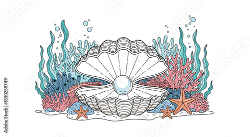 A beautiful underwater scene featuring an open clam shell with a shining pearl, surrounded by colorful coral, seaweed, and starfish.