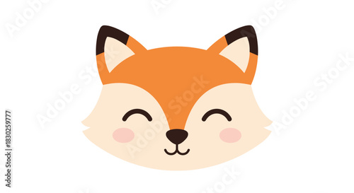 Adorable cartoon fox head with a happy expression, featuring bright orange fur and rosy cheeks, isolated on a white background.