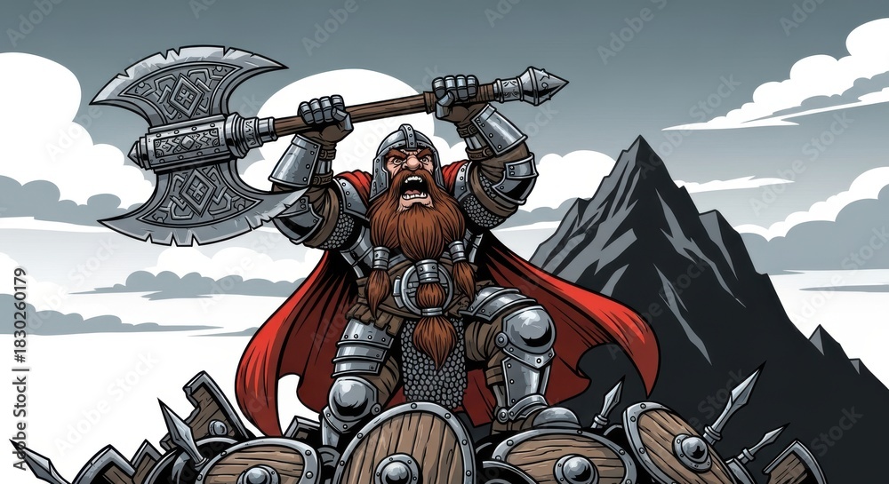 Fototapeta premium Fierce warrior figure clad in metal armor raises a massive double-bladed axe above a pile of shields
