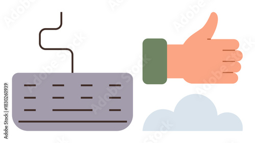 Thumbs-up gesture beside a keyboard and cloud is perfect for digital communication, online feedback, cloud computing, technology advancement, remote work, teamwork, and approval. Clean flat metaphor