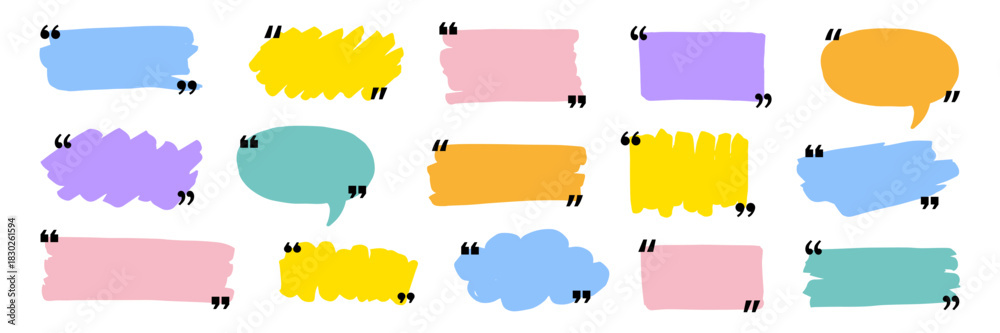 Naklejka premium Text box frame set with quotation mark. Hand drawn marker brush stroke text talk message frame background. Quotation mark dialog speech, square, chat color design template. Vector illustration