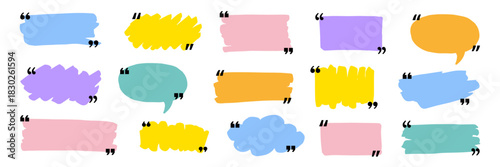 Text box frame set with quotation mark. Hand drawn marker brush stroke text talk message frame background. Quotation mark dialog speech, square, chat color design template. Vector illustration