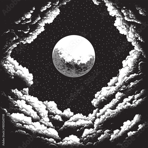 Black and white dotwork illustration of the full moon surrounded by clouds, detailed stippling style night sky artwork with atmospheric celestial mood , vector style simple color