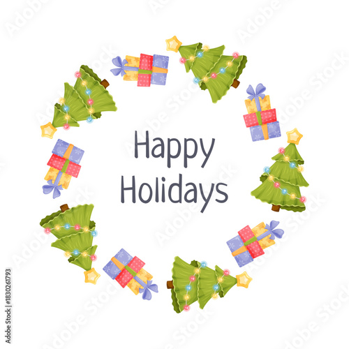 festive wreath with cartoon christmas trees and gift boxes and text Happy Holidays.