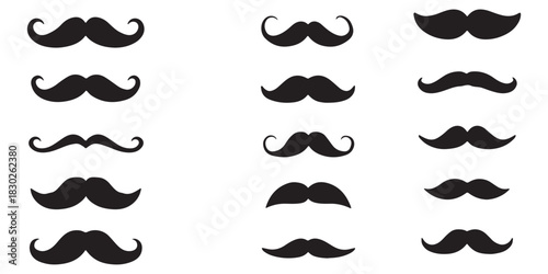 Different moustache silhouettes set. Black hipster, gentleman or barbershop symbols and retro elements. Collection of men's moustaches. Vector illustration on white background
