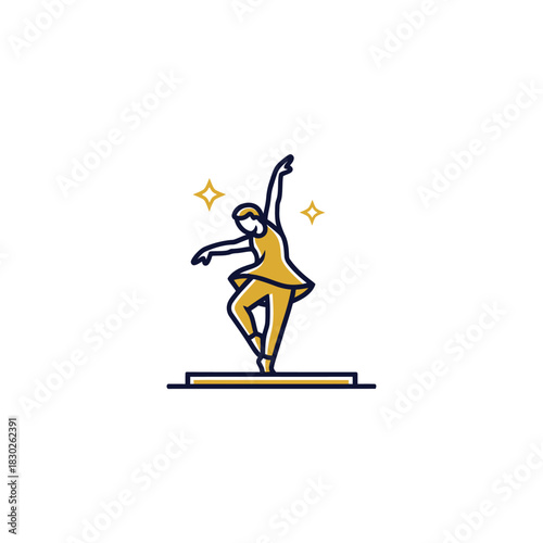 Graceful ballerina dancing in golden costume with sparkle accents simple outline illustration