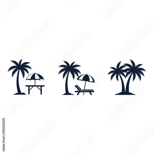 Tropical beach paradise with palm trees picnic tables and sun loungers perfect for summer vacations and relaxation offering vector graphic design elements