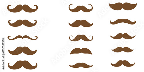 Different moustache silhouettes set. Black hipster, gentleman or barbershop symbols and retro elements. Collection of men's moustaches. Vector illustration on white background