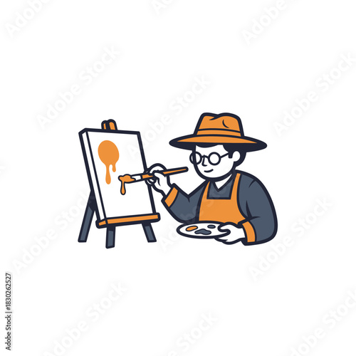 Artist painting on canvas with paintbrush and palette creative hobby illustration