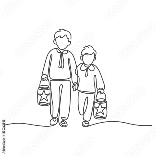 Single continuous line drawing of two young Muslim Islamic boys holding a lantern lamp. One line draw vector illustration. Ramadan Kareem greeting card, poster, and banner design background.
