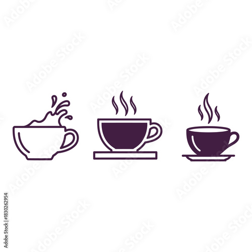 Collection of coffee cups with steam and splashing liquids providing different beverage options for consumers in simple line art style