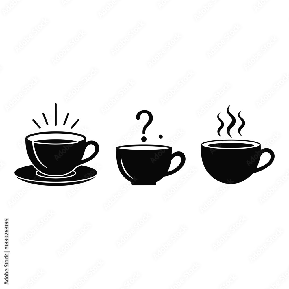 Obraz premium Conceptual illustration of three cups representing energy question and relaxation on a white background flat vector design