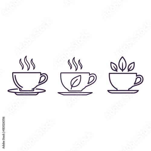 Collection of Outline Tea Cups Featuring Steam and Leaves for Beverages and Healthy Herbal Drinks Displayed on a White Background
