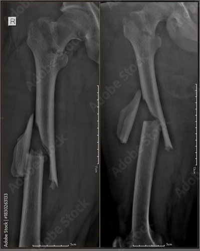 Bild auf Leinwand X-ray image showing a severe comminuted fracture of the right femur with multiple bone fragments and marked displacement