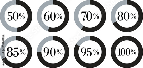 Infographic Circle with Percentage Icon set. Round diagrams icons for infographics from 0 to 100 percent collection.Design for dashboards, UI, reports, and analytics visuals. Vector illustration.