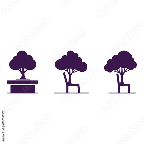 Creative purple tree icons illustration with bench and pot presenting abstract concept nature design for environment and garden with simple style