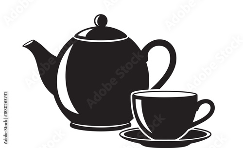 Elegant black and white teapot and teacup, perfect for cozy moments and branding, ideal for cafes, restaurants, or tea companies, offering warmth and sophistication